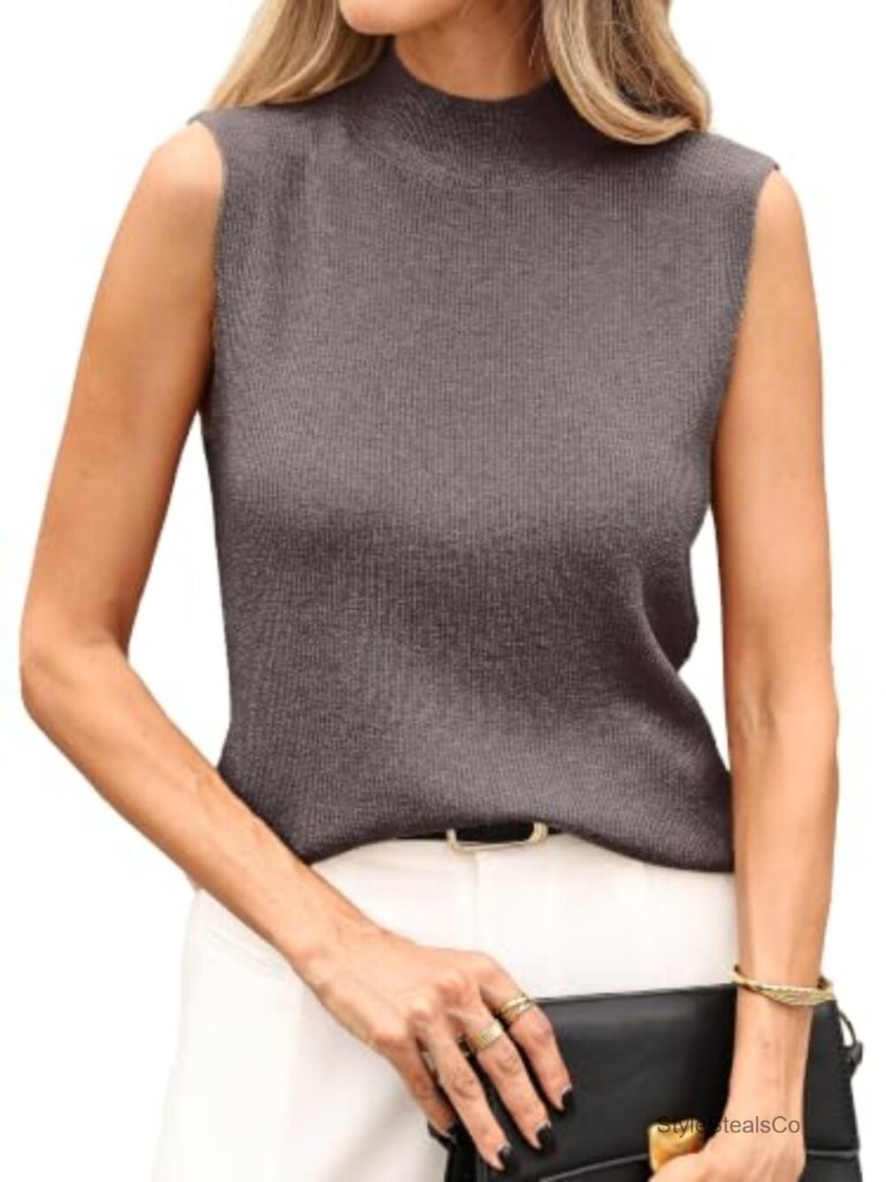 Women Merino Wool Sleeveless Mock Turtleneck Ribbed Knit Top